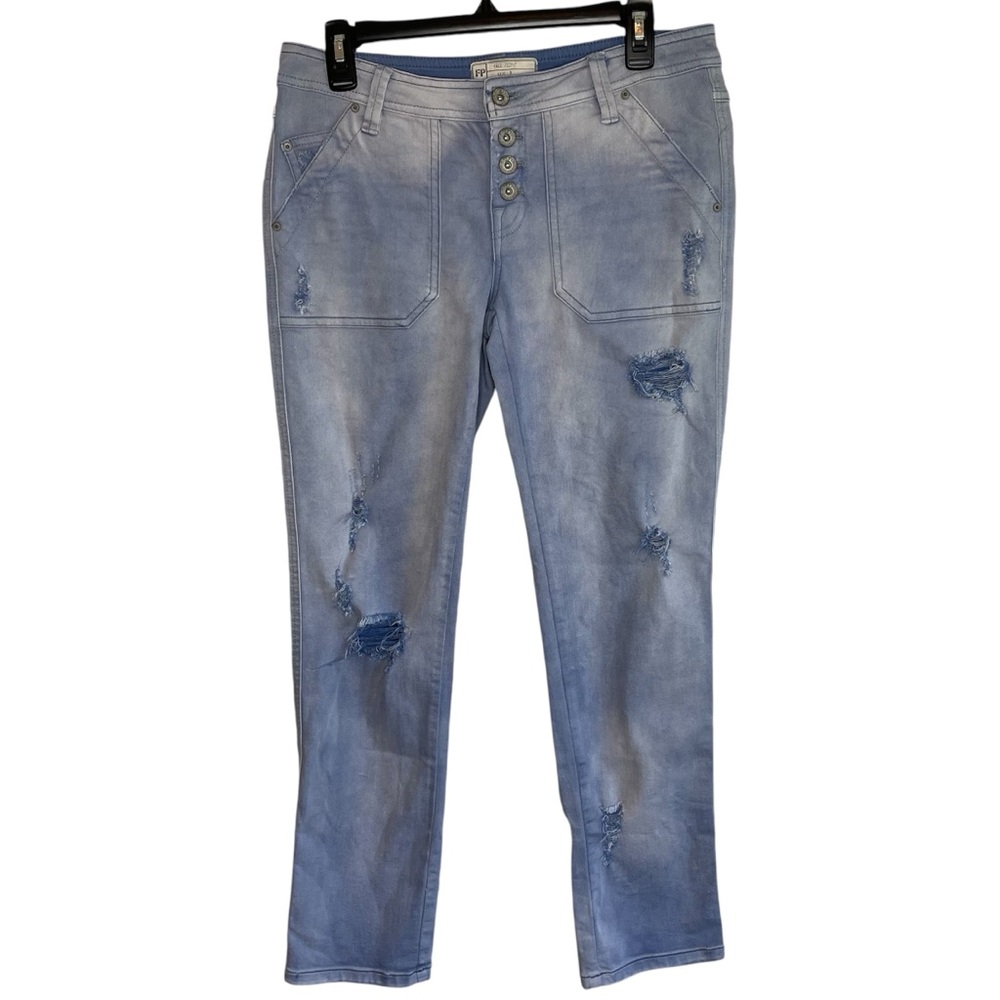 Free People Solid Blue Mountaineer Relaxed Fit Button Fly Distressed Denim Jeans - Picture 4 of 11